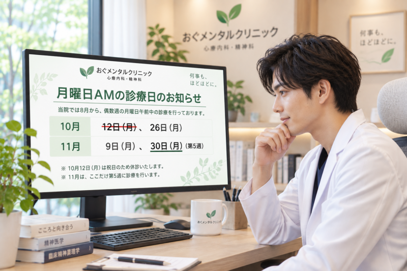 【１０月〜１２月の月曜日AMの診療日のお知らせ】荒川区・町屋・東尾久で精神科・心療内科をお探しの方へ